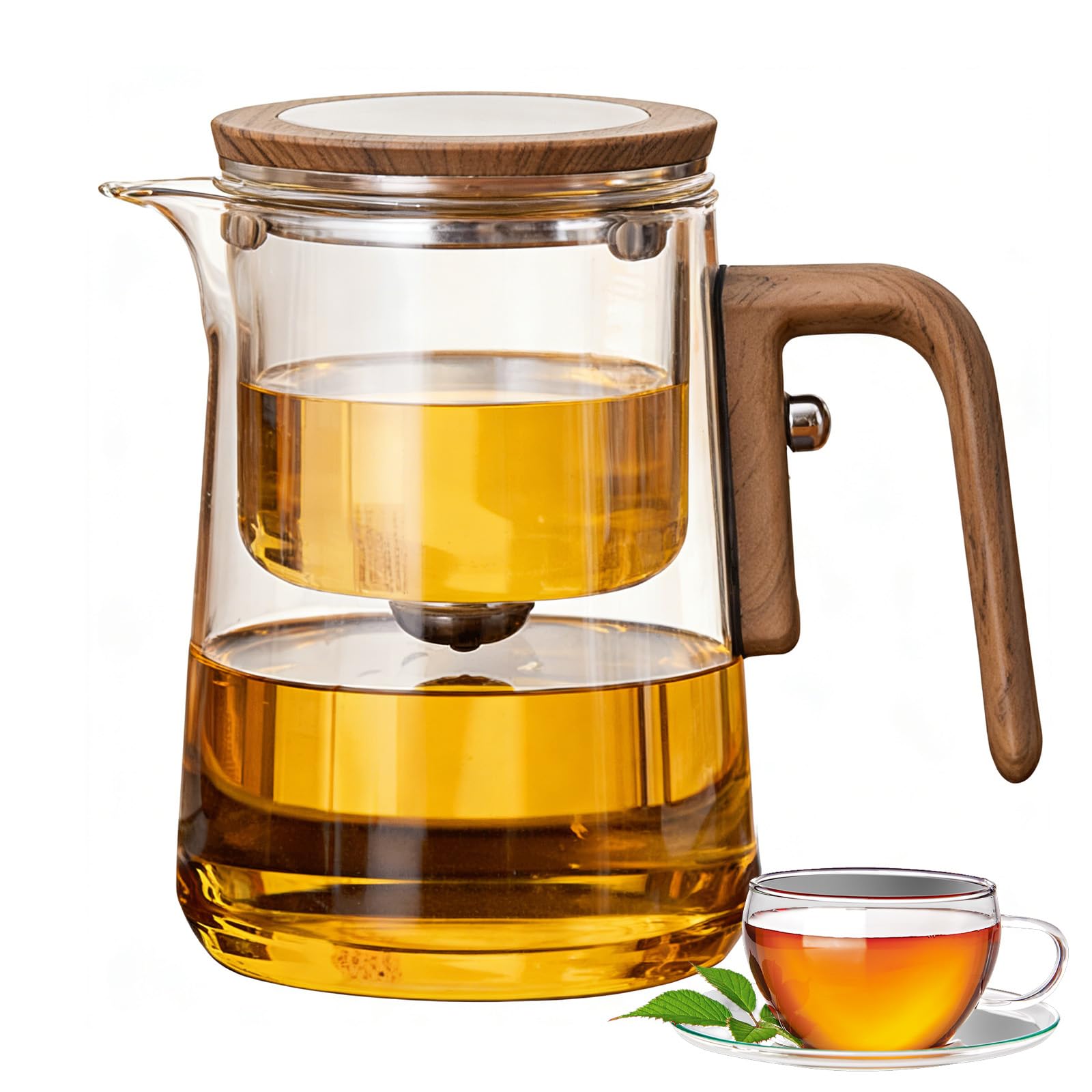 Théière Magique en Verre avec Séparation d'eau,Theiere en Verre Borosilicate avec Infuseur,théière pour Thé en Feuilles manche en bois de noyer,cadeaux pour les amateurs de thé (800, Millilitres)