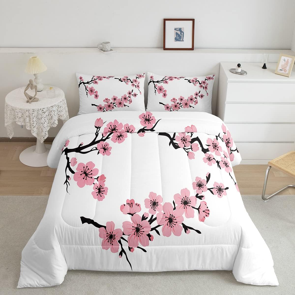Feelyou Cherry Blossoms Comforter Set Traditional Japanese Style Bedding Set for