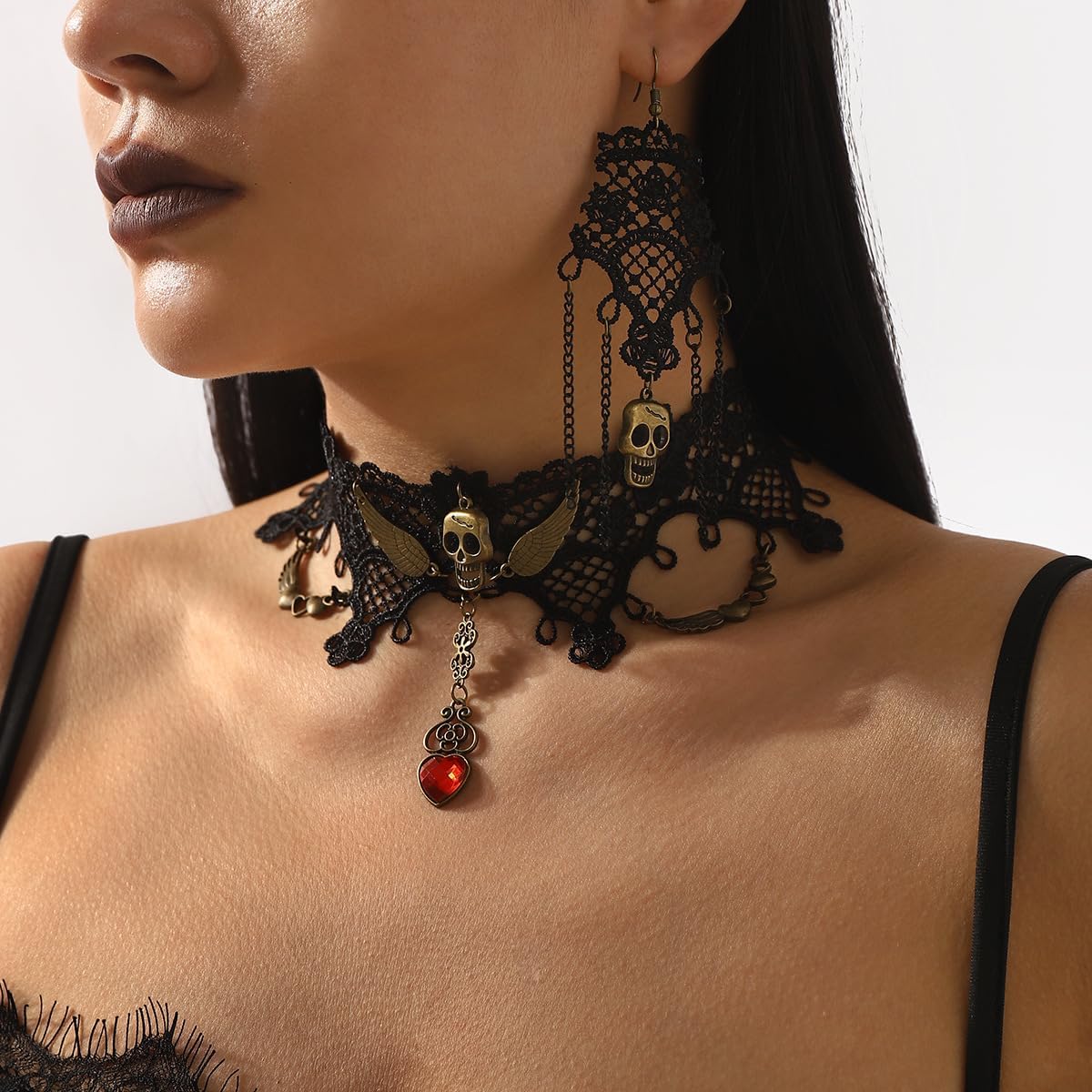 Lace Choker Gothic Jewelry Set for Women Black Goth Necklace with Earrings Halloween Vampire Chokers Costume Accessories - Image 3