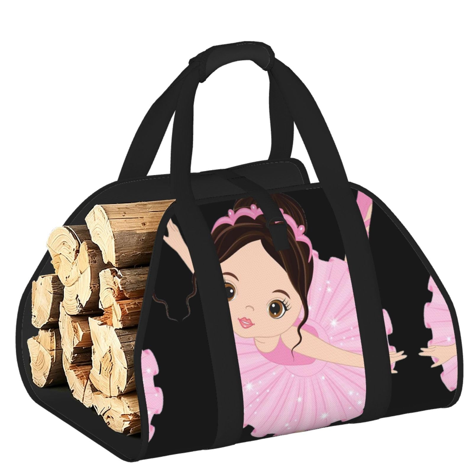 Little Ballerina Dancing Girl Printed Firewood Carrier Bag, Log Tote with Open-Ended Design for Camping Outdoor Wood Hauling