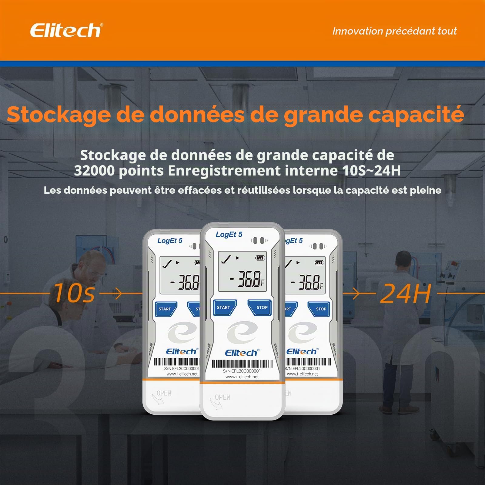 Elitech Enregistreur de Température et d'Humidité USB avec Sonde Externe Réutilisable LogEt5THE & Enregistreur de Données de Température USB Rapports PDF CSV Auto LogEt5T pour Réfrigérateur Frigo