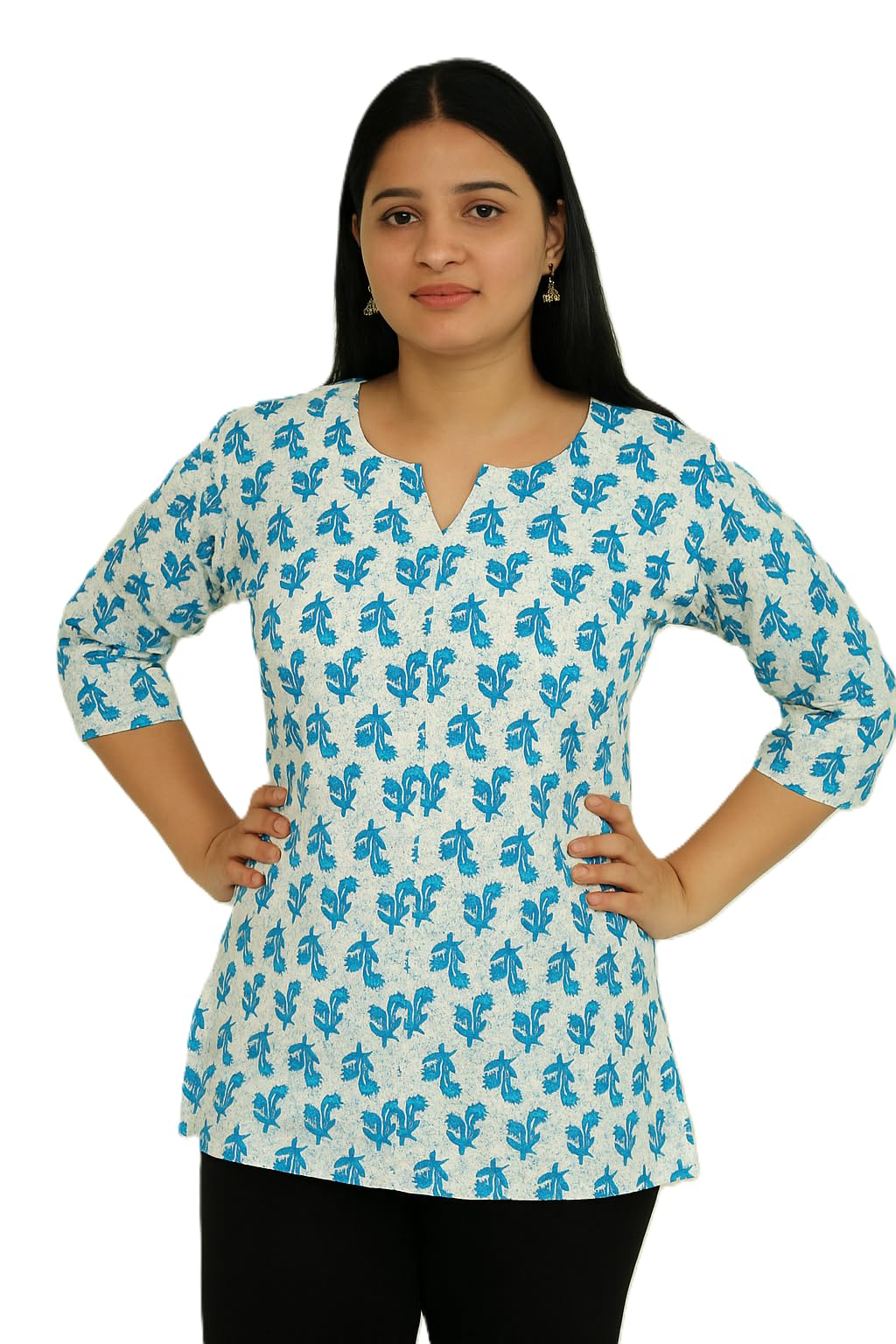 Women's Cotton Tunic Top, White with Blue Floral Print, 3/4 Sleeve, V-Neck, Casual Wear-image-20