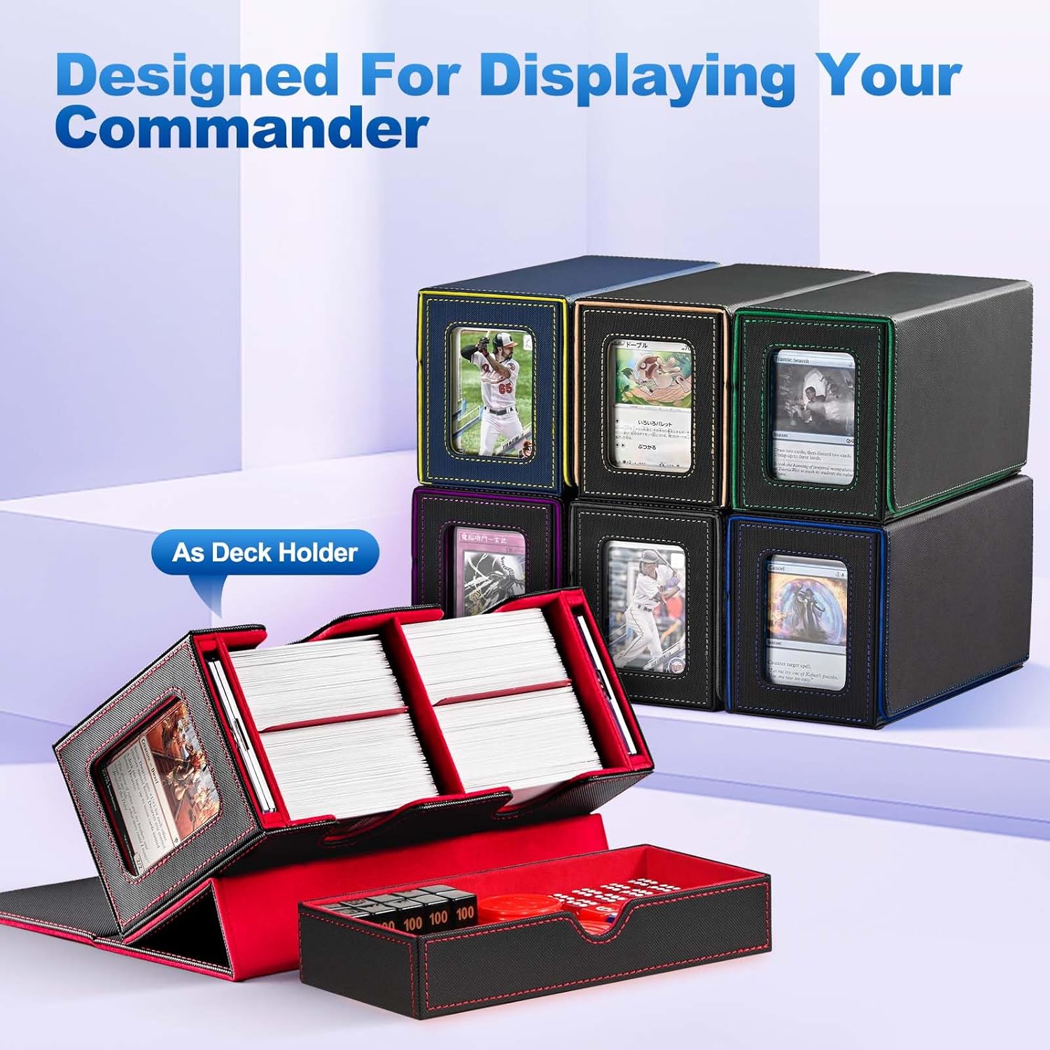 UAONO Card Deck Box for MTG, Double Deck Storage Box with 2 Commander Display & 1 Dice Tray, Fits 200+ Double Sleeved, Card Organizer for CCG TCG Sports (Black Blue)