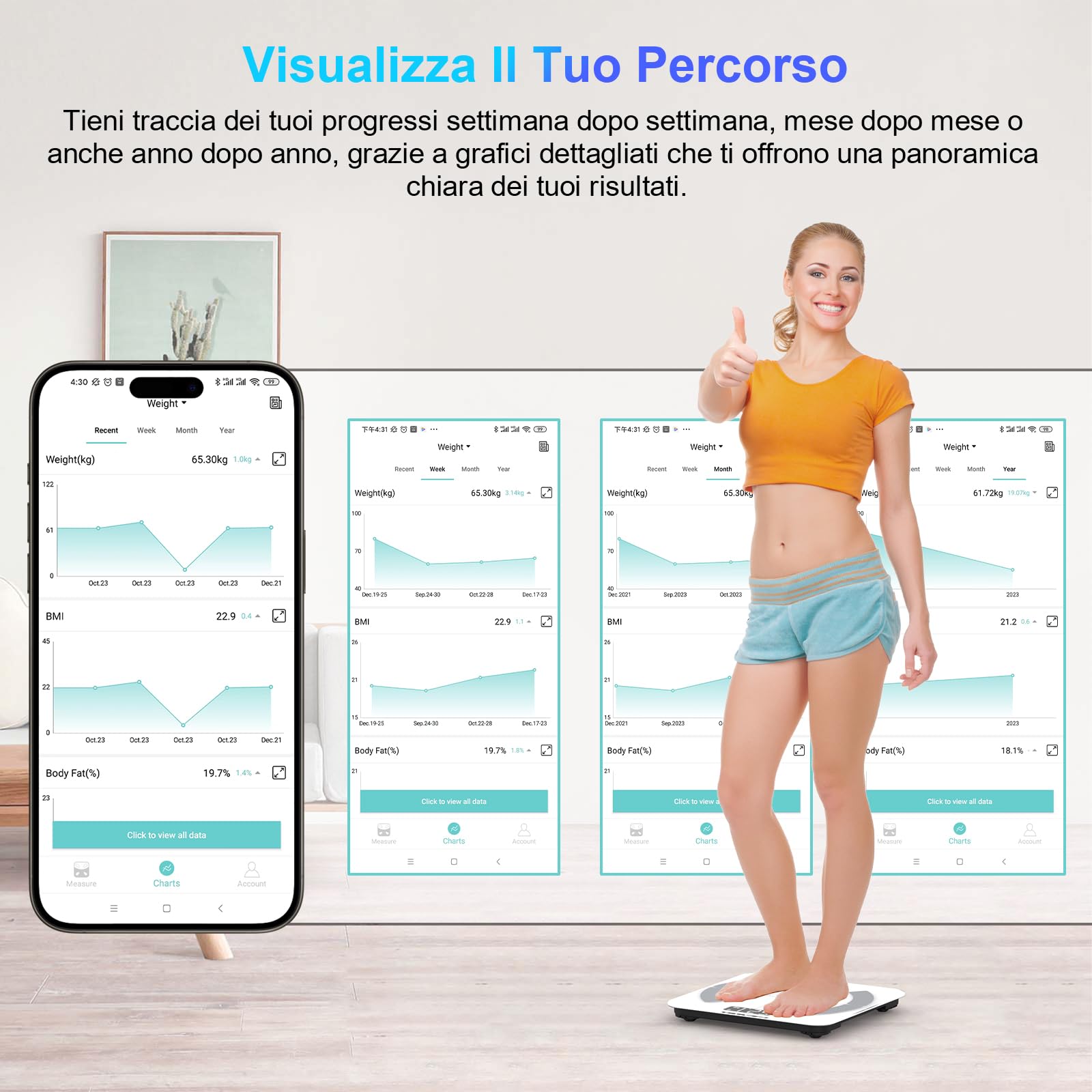 Healthkeep Bilancia Impedenziometrica Professionale, Bilancia Pesapersone Digitale 4 Elettrodi con App, Analizza Massa Grassa, Muscoli, BMI, 13 Misurazioni, Max 180 kg