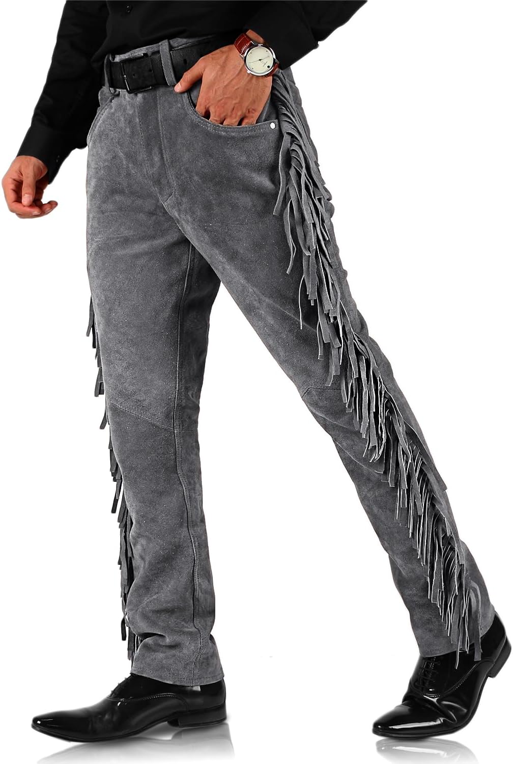 Laverapelle Men's Cowboy Fringe Leather Pants (Black, Leather Jeans) - 2504005