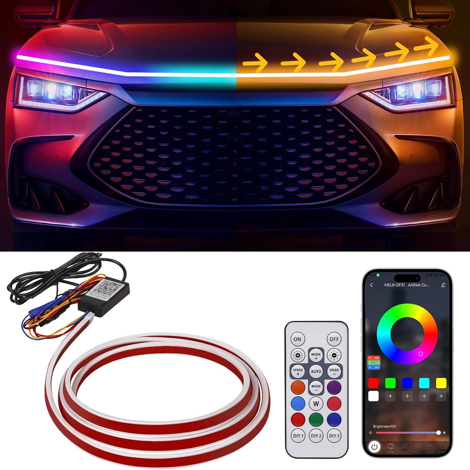 RGB Car Hood Light Strip, 70 Inches Dynamic LED Daytime Running Lights, Multicolor Dynamic Scan Start Up Sequential Turn Signal Lights for Car, Truck, SUV, App Control and Waterproof