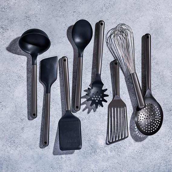 HexClad 9-Piece Kitchen Utensil Set, 9 Stainless Steel & Silicone Tools with a Fingerprint-Resistant Metallic Finish, Heat-Resistant to 450F, Dishwasher-Safe, Includes Non-Slip Ceramic Crock Holder