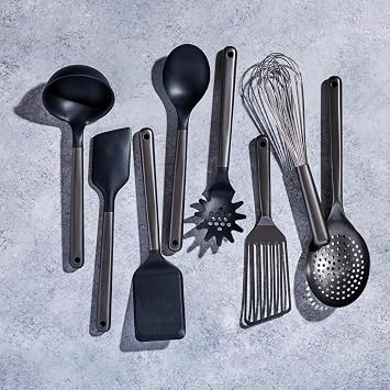 HexClad 9-Piece Kitchen Utensil Set, 9 Stainless Steel & Silicone Tools with a Fingerprint-Resistant Metallic Finish, Heat-Resistant to 450F, Dishwasher-Safe, Includes Non-Slip Ceramic Crock Holder