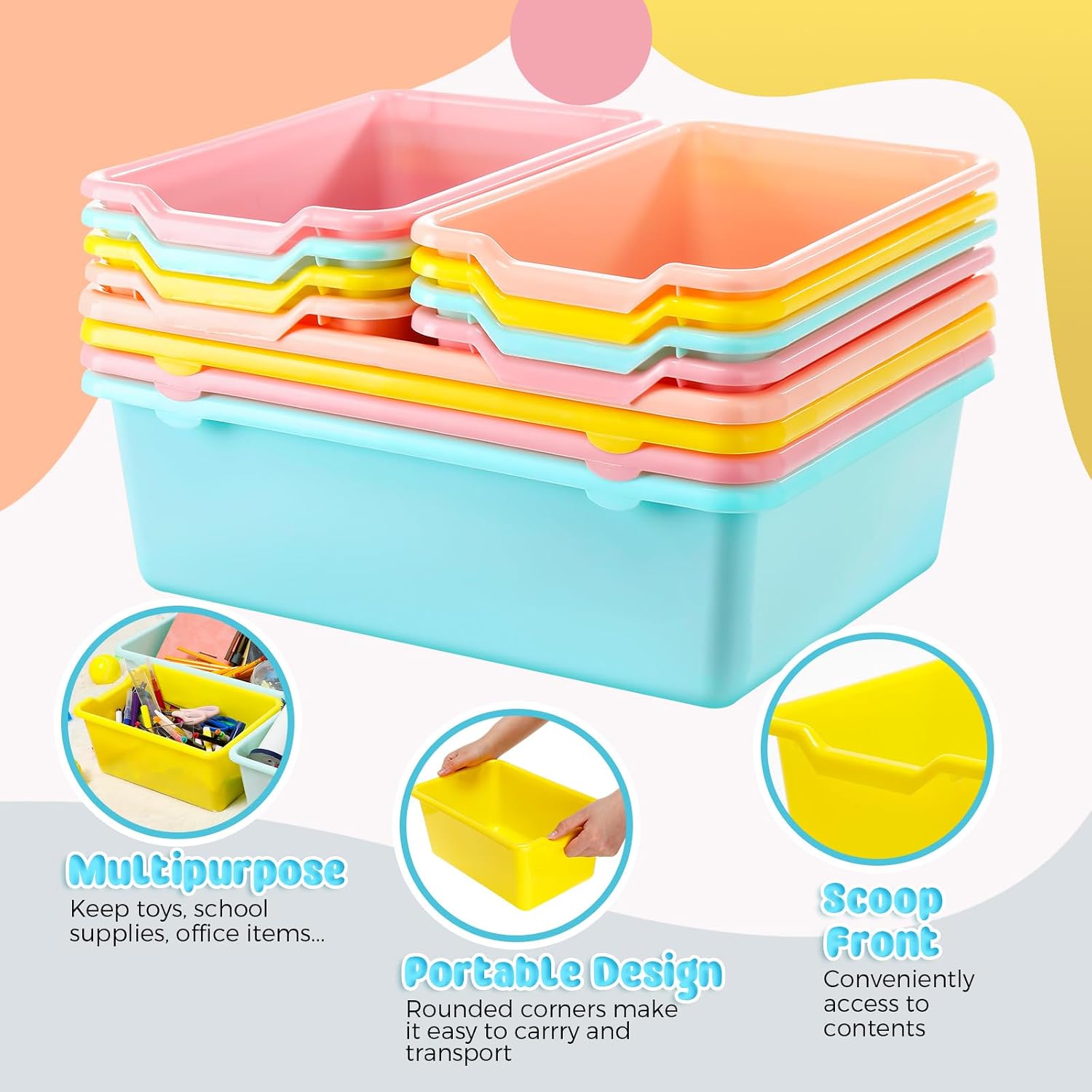 Dandat 12 Pcs Plastic Cubby Bins 16 and 11 Inch Book Bins for Classroom Scoop Front Stackable Storage Organizer Two Sizes Toy Storage Tubs Containers for Library School Office Home Nursery