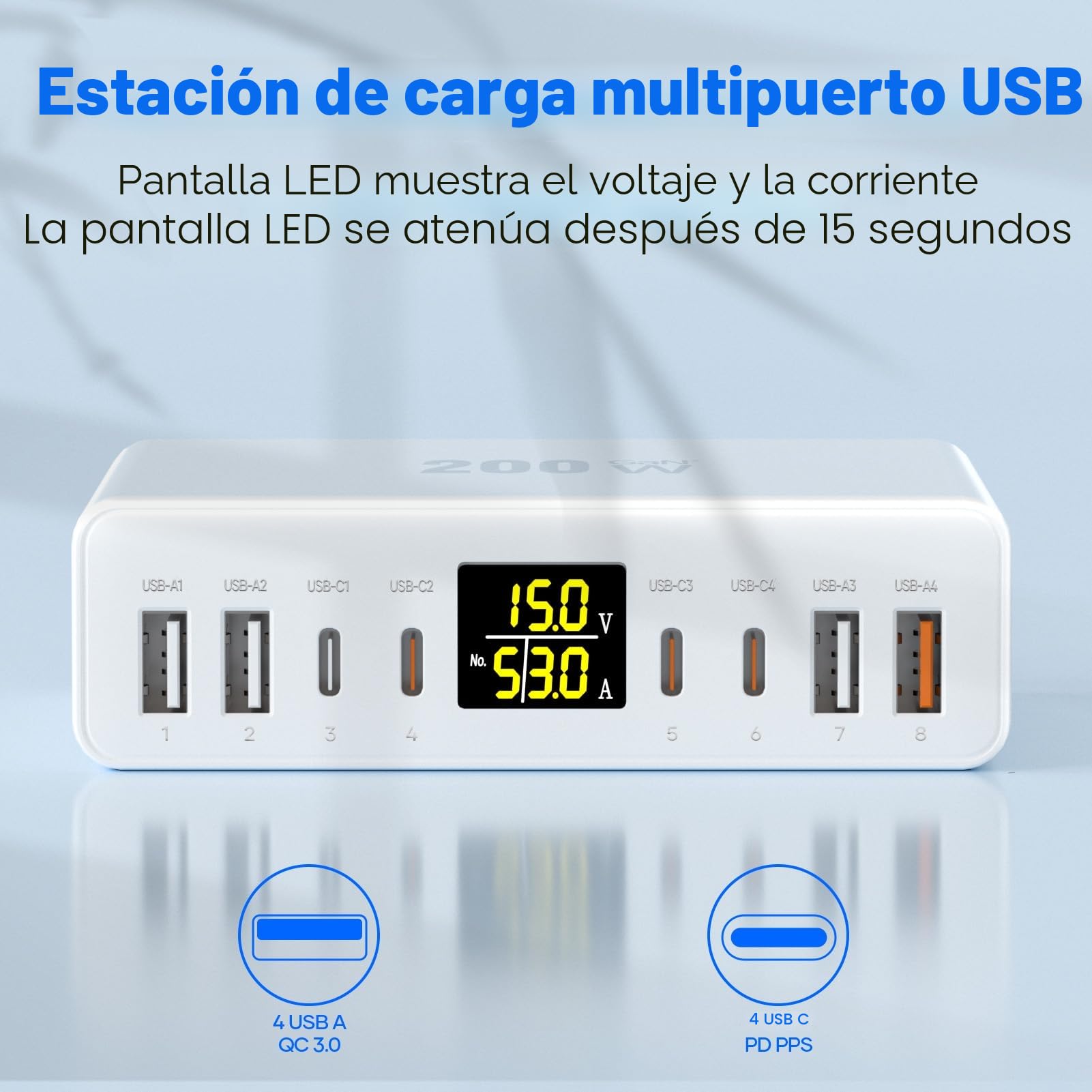 Cargador USB C Multiple 8 Puertos con Pantalla LED, YSYFAD 200W Estacion de Carga PD PPS Cargador USB C Carga Rapida Charger Tpye-C 45W QC USBA para iPhone iPad Macbook Portátiles Samsung, Blanco