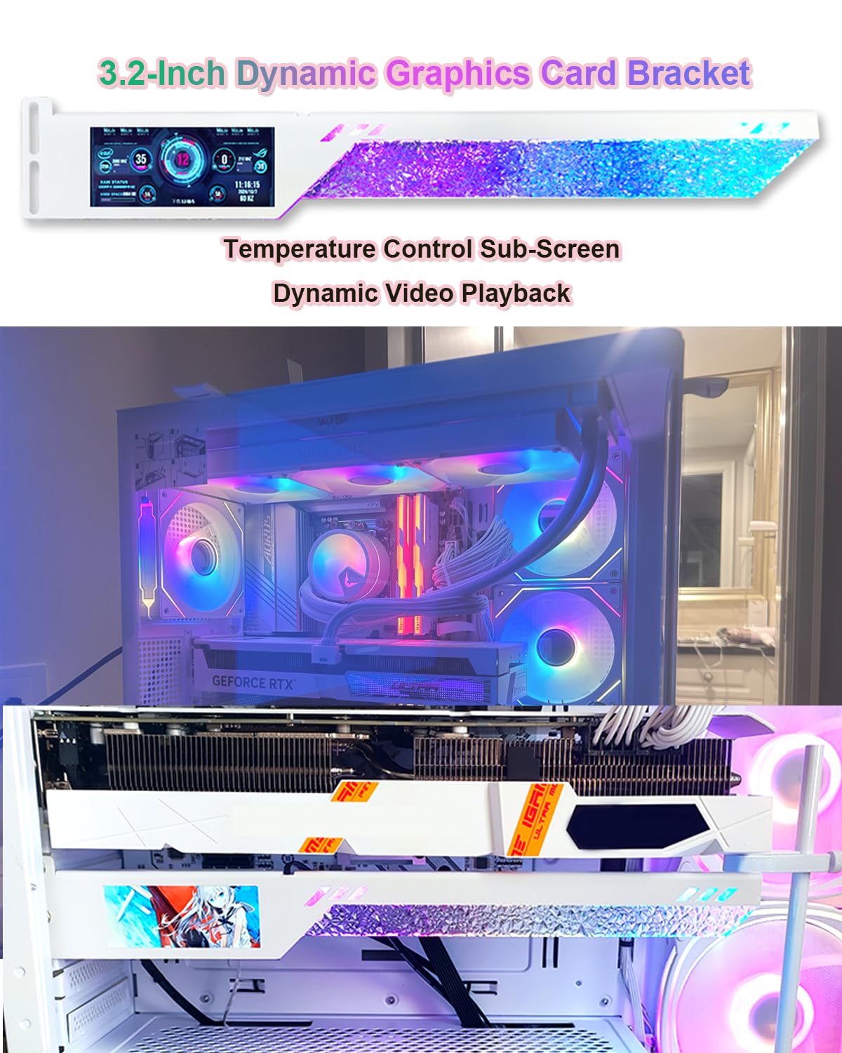 Supporto GPU RGB, Supporto GPU RGB, Riproduzione Video Dinamica, Schermo Secondario da 3,2 Pollici a Temperatura Controllata, Supporto GPU per PC, Decorazione Sala Giochi White 120mm