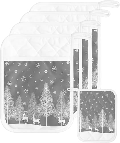 Winter Elk 5Pcs Pot Holders for Kitchen,Non Slip & Heat Insulation Terry Cloth Potholder Set with Pocket,Thick Hot Pad Oven Mitts Trivet Coaster for