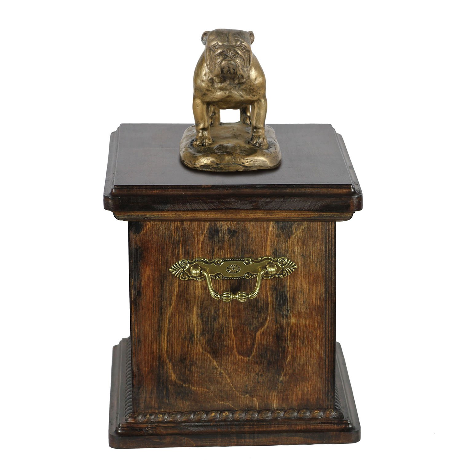Art-Dog Custom Dog Sitzender Hund Statue Gedenkurne - Handgefertigte Kaltguss-Bronze auf Birkensockel - Urne für die Asche - 29cmx21cmx38cm - Neues Modell der Englischen Bulldogge