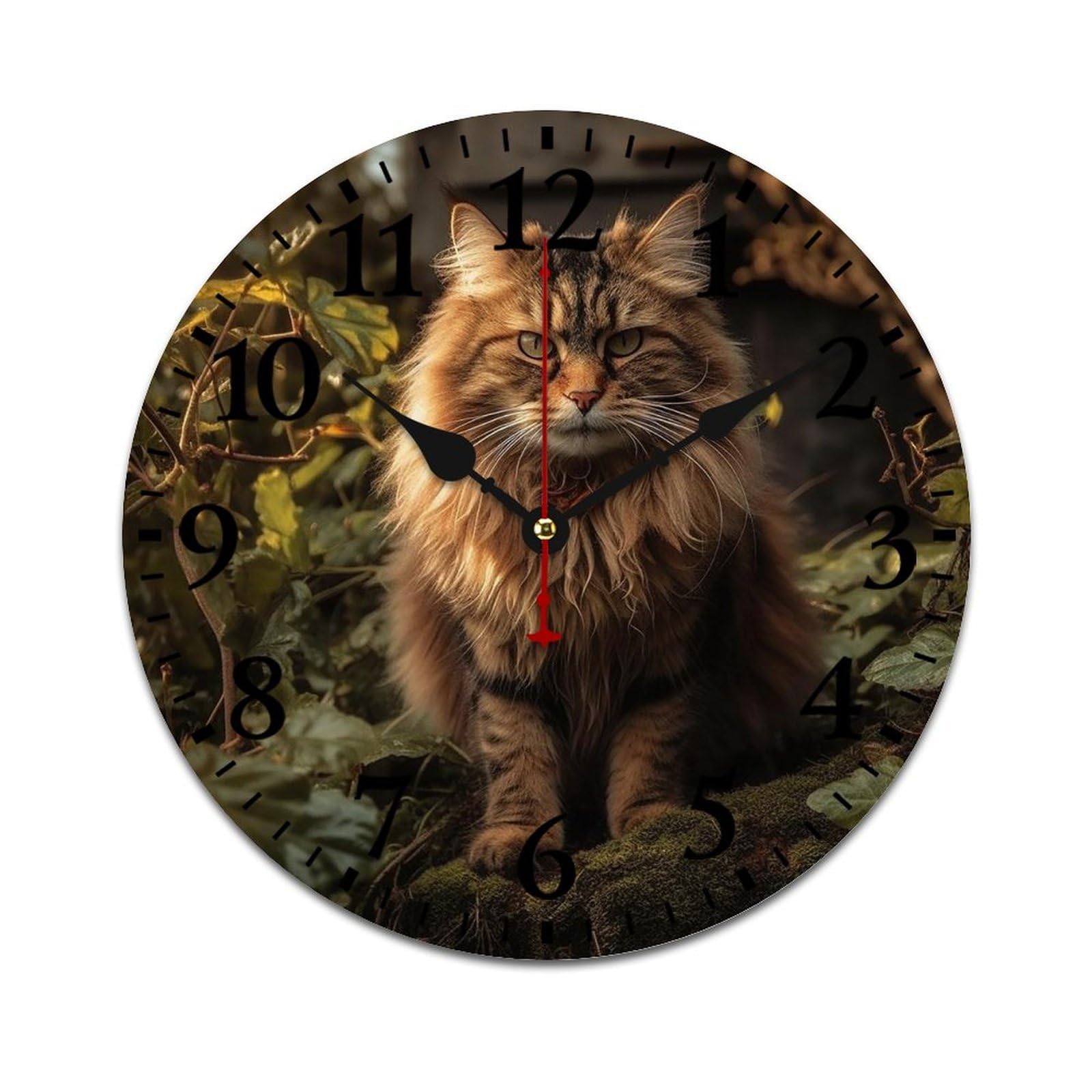 NTVOWPZO 10 Inch Wall Clock Wooden Cat Sitting in Bush Battery Operated Wall Clocks Silent Non-Ticking Square Wall Clock for Living Room Kitchen Home Office Wall Decorative Clocks