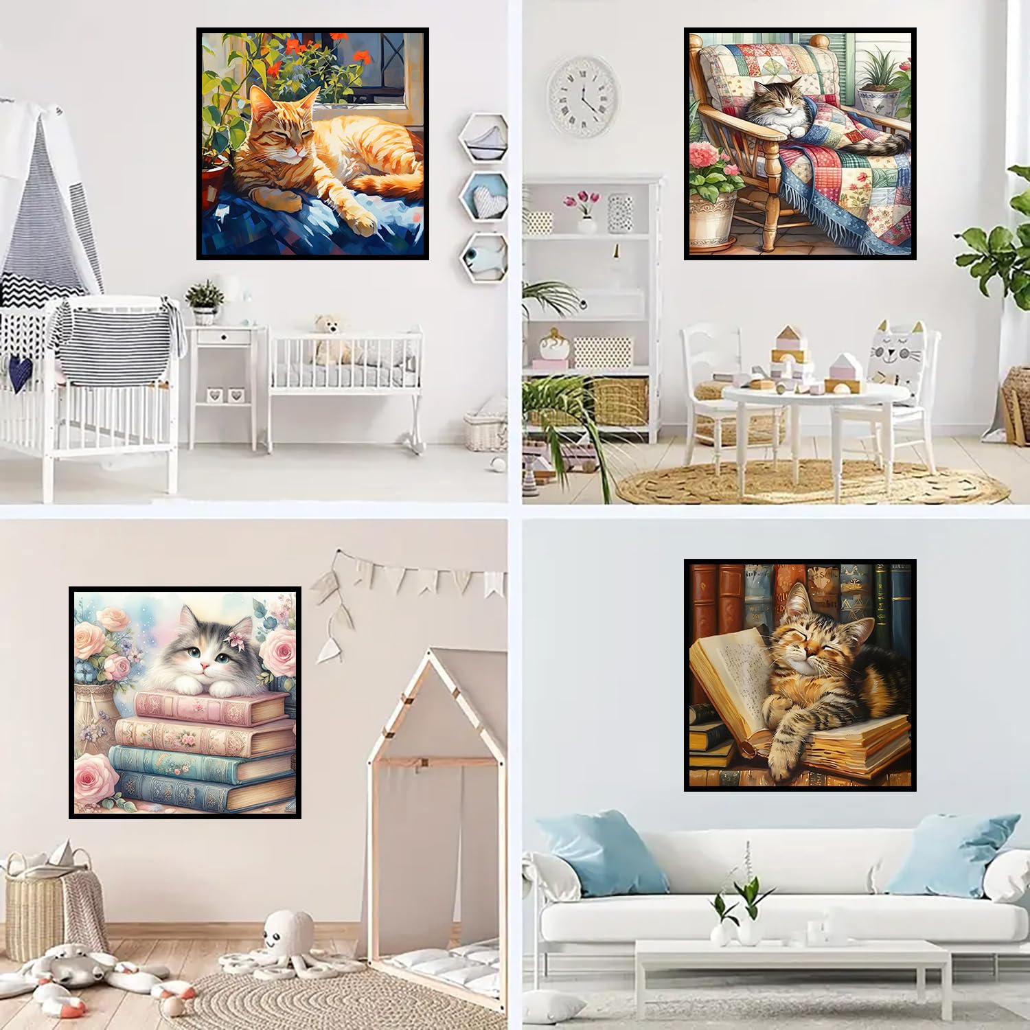 mrpwnle Confezione da 4 kit per pittura con diamanti a forma di gatto per adulti, kit per pittura con diamanti 5D per adulti e principianti, kit per decorare le pareti della casa, 35 x 35 cm