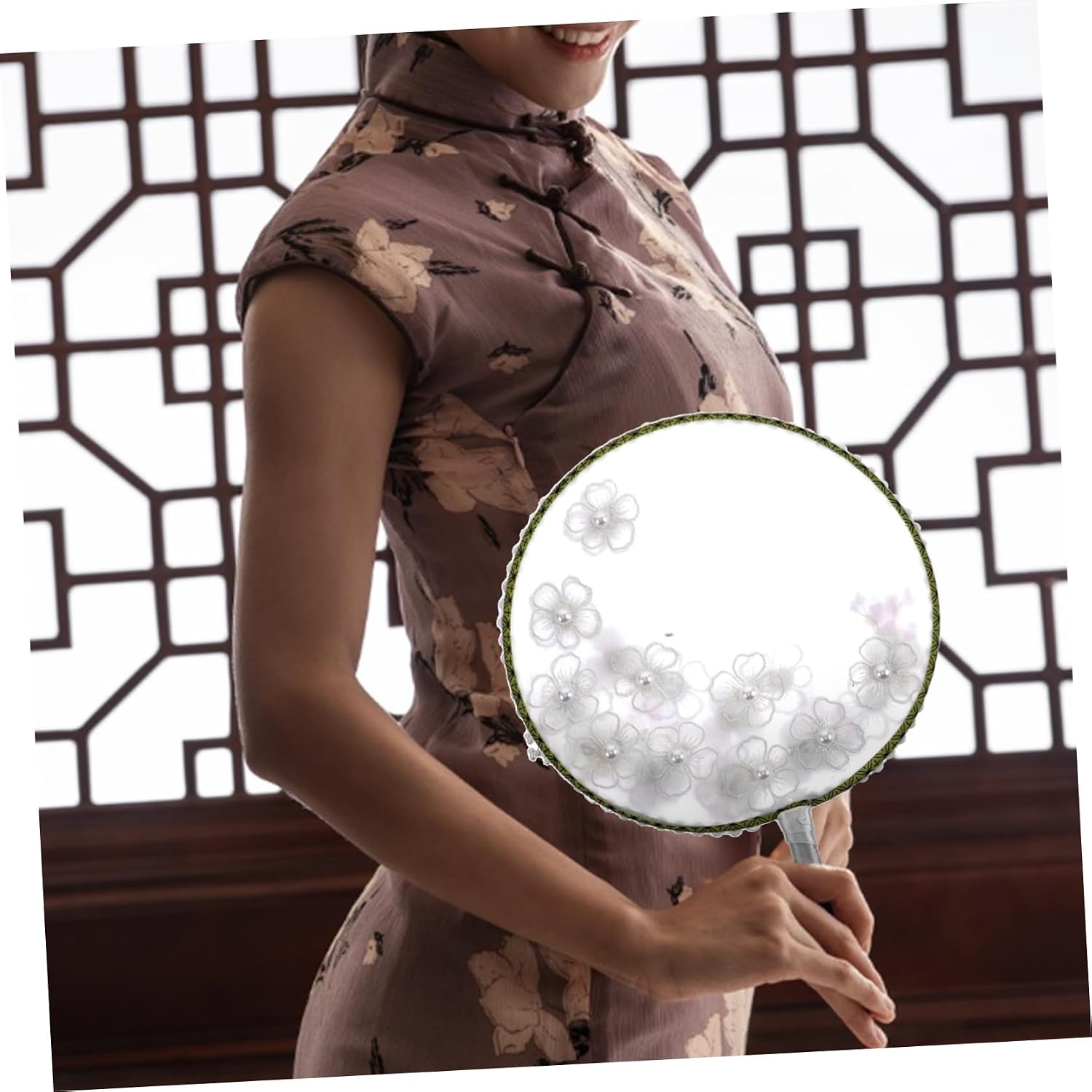 Cabilock Chinese Vintage Round Fan with Realistic Floral Embellishments for Summer Weddings and Dance Events Elegant Handheld Paddle Fan Moon White for Brides and Decorative