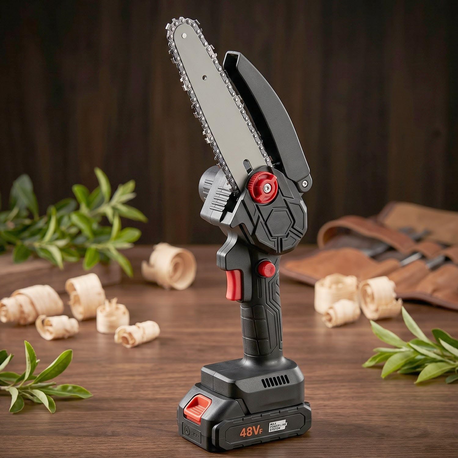 Cordless Mini Chainsaw 48VF Battery Powered Handheld Electric Chainsaw Portable Small Pruning Shears Wood Cutter for Tree Trimming Branch Cutting Garden Yard Work Woodworking with Safety Baffle-image-46