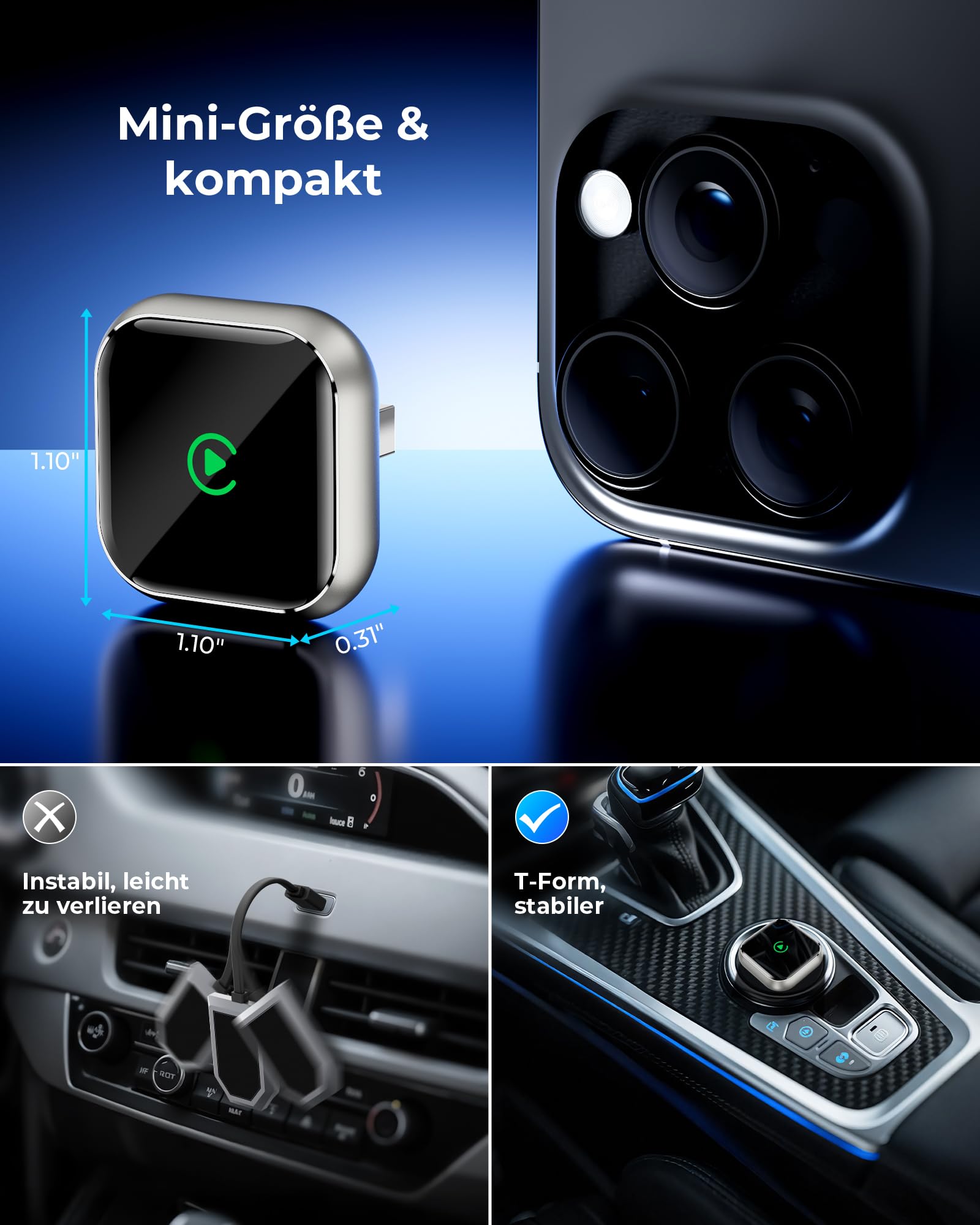 CarPlay Kabelloser Adapter für Apple iPhone – Upgrade von kabelgebundenem CarPlay auf kabelloses Gerät, Mini T-förmig für Autos automatische USB-Wiederverbindung, für Armaturenbrett-Einbau-Videogeräte