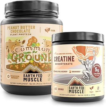 Earth Fed Muscle Vegan Strength & Recovery Bundle Common Ground Plant-Based Protein Chocolate Peanut Butter + Transcend German Creapure Creatine Monohydrate Muscle Support & Performance 2-Pack