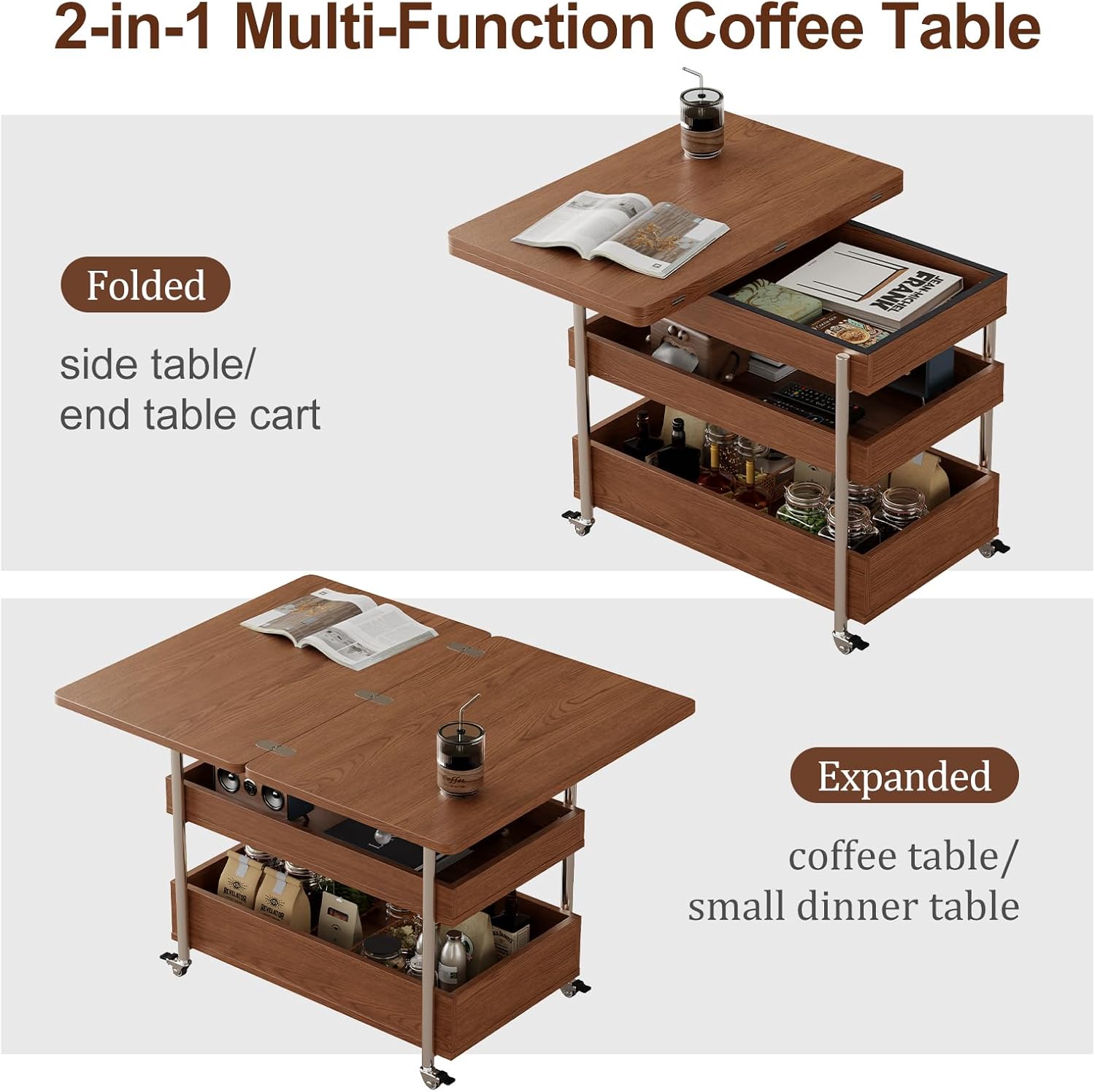 Flip Top 2-in-1 Multi-Function Coffee Table on Wheels, Extendable Center Table with Storage and Hidden Compartment, Convertible End Table Side Table Small Dining Table for Apartment Small Spaces