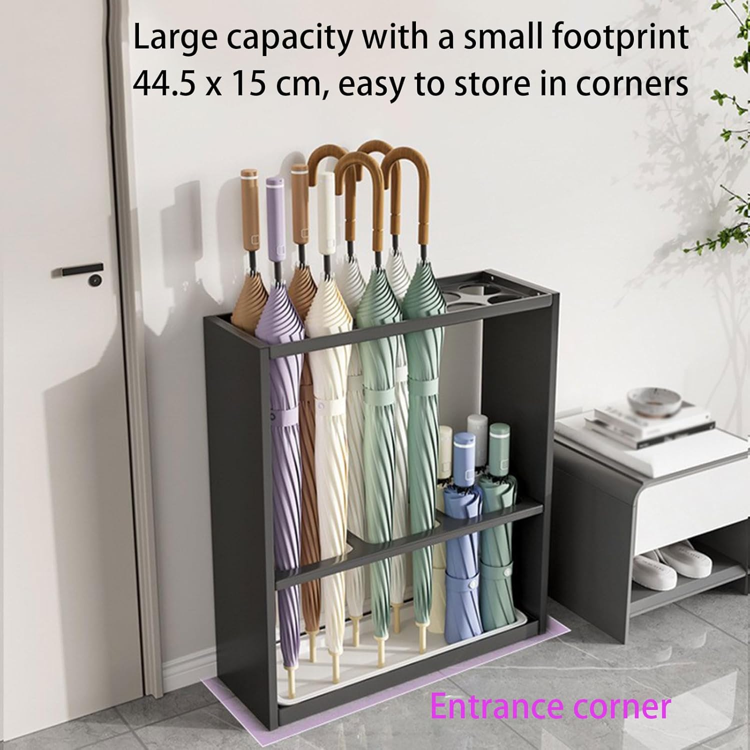 Umbrella Storage Stand with Removable Drip Tray - Indoor Umbrella Holder for Entryway, Hotel Lobby & Office - Multipurpose Walking Stick nizer, Space-Saving Design