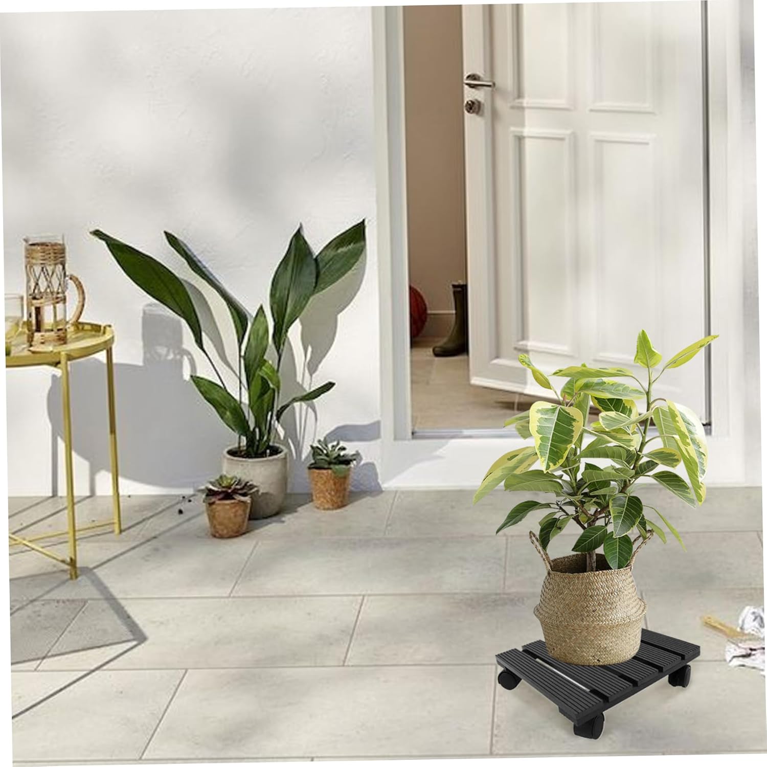 Plant Stand with Wheels Plant Caddy with Wheels, 12x12 Inch Heavy Duty Wooden Rolling Stand with 360° Lockable for Outdoor Indoor Flower Pot