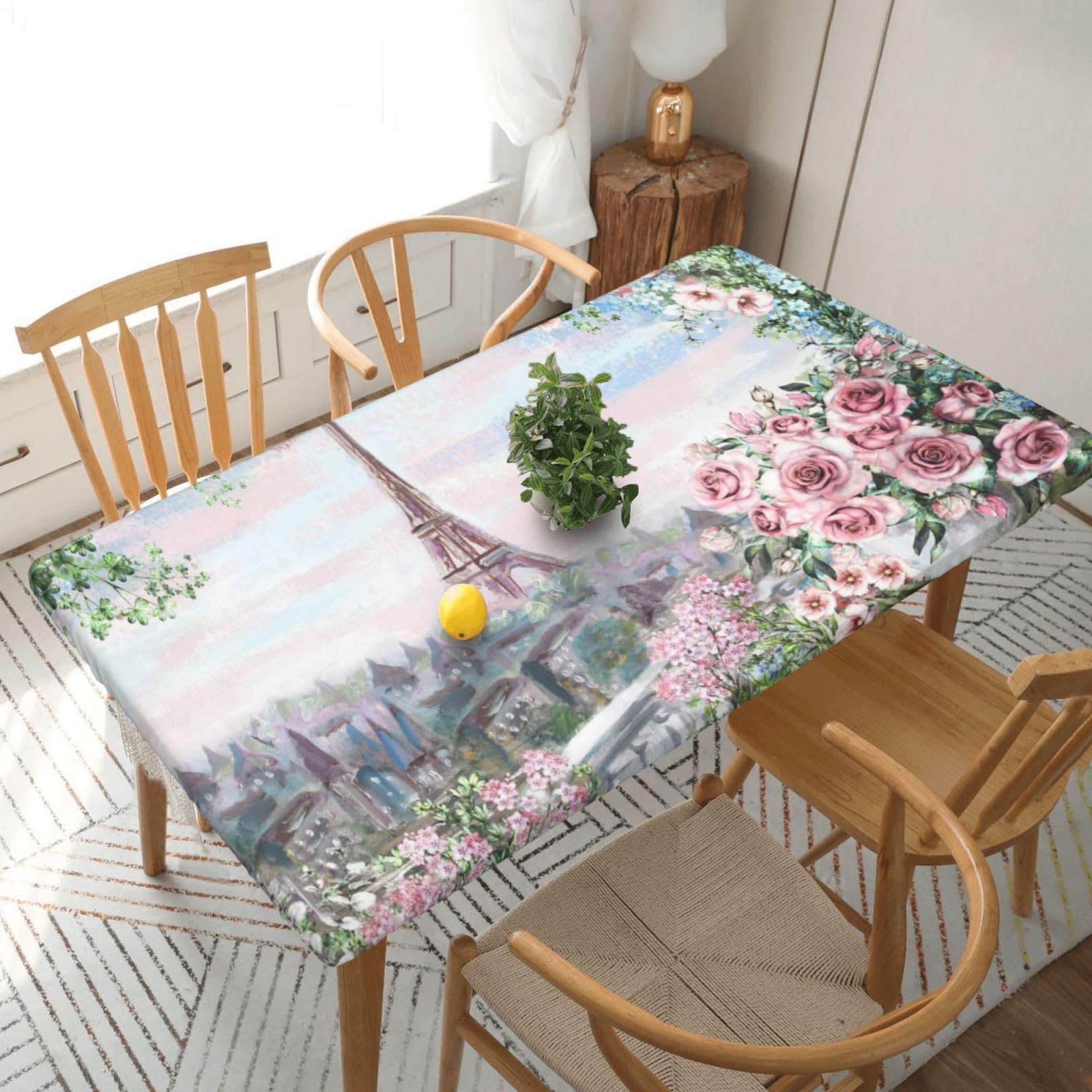 DCEHGEW Elastic Fitted Rectangle Tablecloth for 5ft Tables, Beautiful Eiffel Tower Paris Printed Oilproof & Washable Fabric Picnic Table Cloth Table Covers