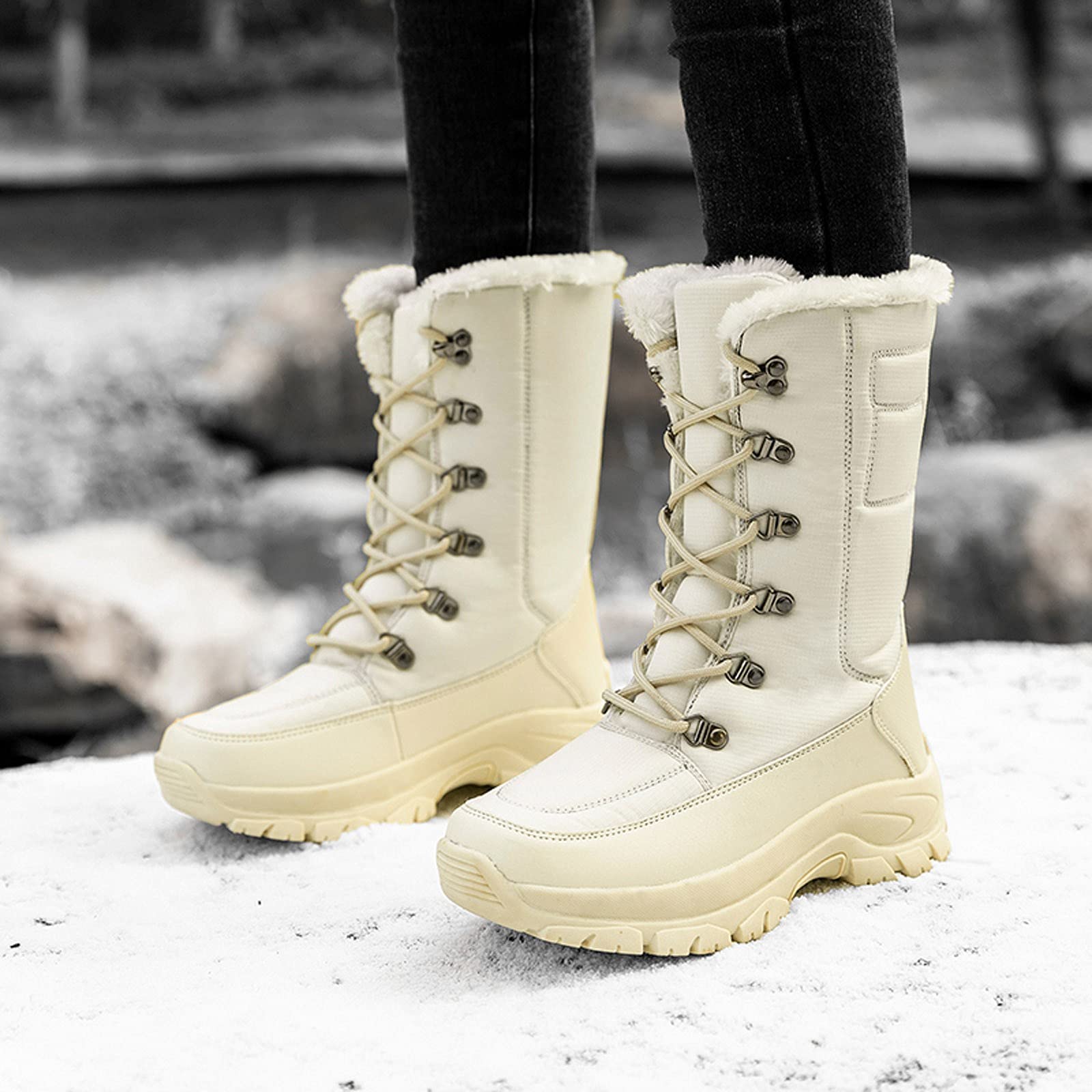 Scarponi da Sci Donna Stivali di Velluto A Prova Scarpe Rotonde Stringate con Lacci Caldi Piatti più Acqua Neve Stivaletti Pelliccia