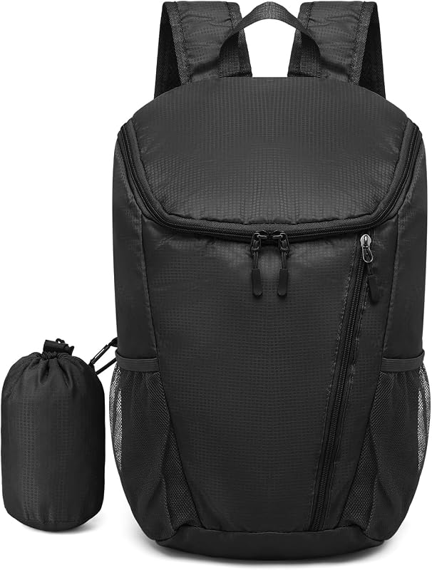 Hiking Backpack 20L Foldable Daypack for Men Women Nylon Black | Packable Backpack for Men Women, Small Foldable Day Pack Waterproof for Travel Camping Mountaineering