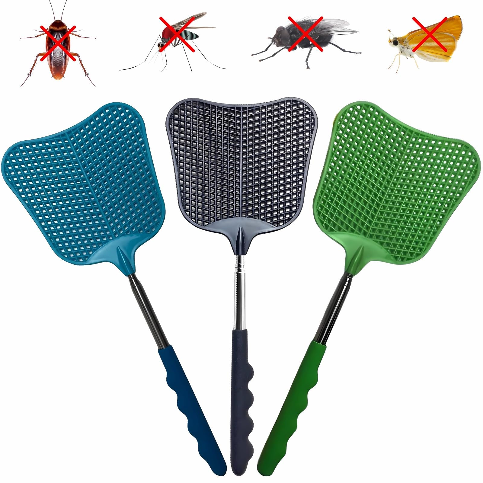 Telescopic Fly Swatter, Jakeloo 3 Pack Fly Swatter for Indoors Plastic Flyswatter Heavy Duty with Stainless Steel Telescopic Handle Ideal for Summer Home/Indoor/Outdoor/Classroom/Office (Mixed Colour)-image-42