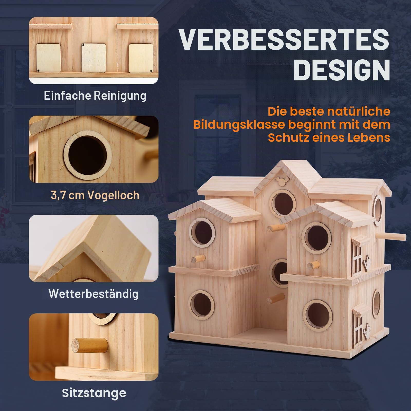 Mehrkammer-Vogelhaus aus Holz, 10 Nistfächer, Kiefer naturbelassen