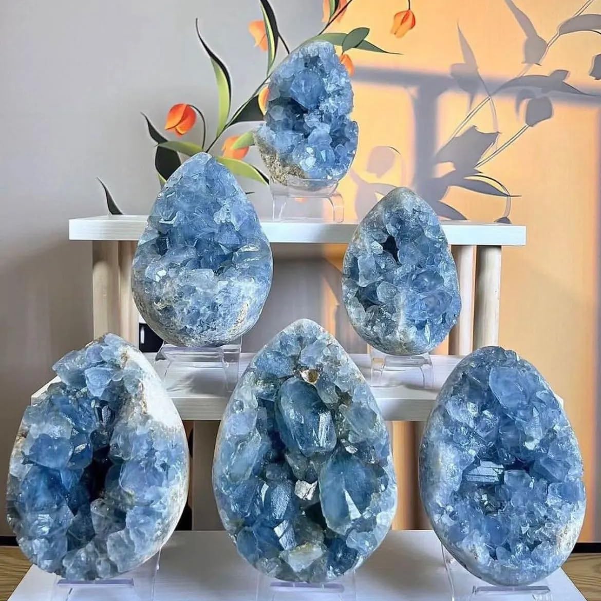 AARTERZZA 1pc 150-200g Celestite Crystal Raw Druzy Celestite Heart Cluster Sky Blue Geode Rough