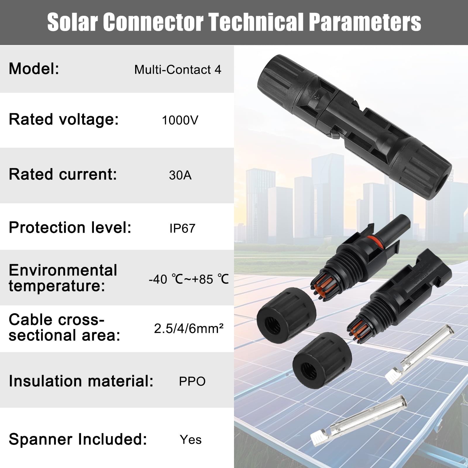 100 connettori MC4 Soar per pannelli solari, 1000 V, 30 A, IP67, impermeabili, spina maschio/femmina con chiavi, adatti per cavi solari 14AWG-10AWG (50 paia)