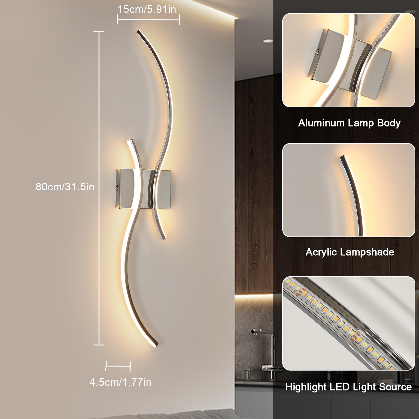 Comely Wewnętrzny Kinkiet LED, 32W Światło Liniowa Lampa Ścienna, Nowoczesne Aluminiowe Kinkiety Regulowane Z Pilotem Do Sypialni Korytarza Salonu Schodów (Chrom, 80CM)