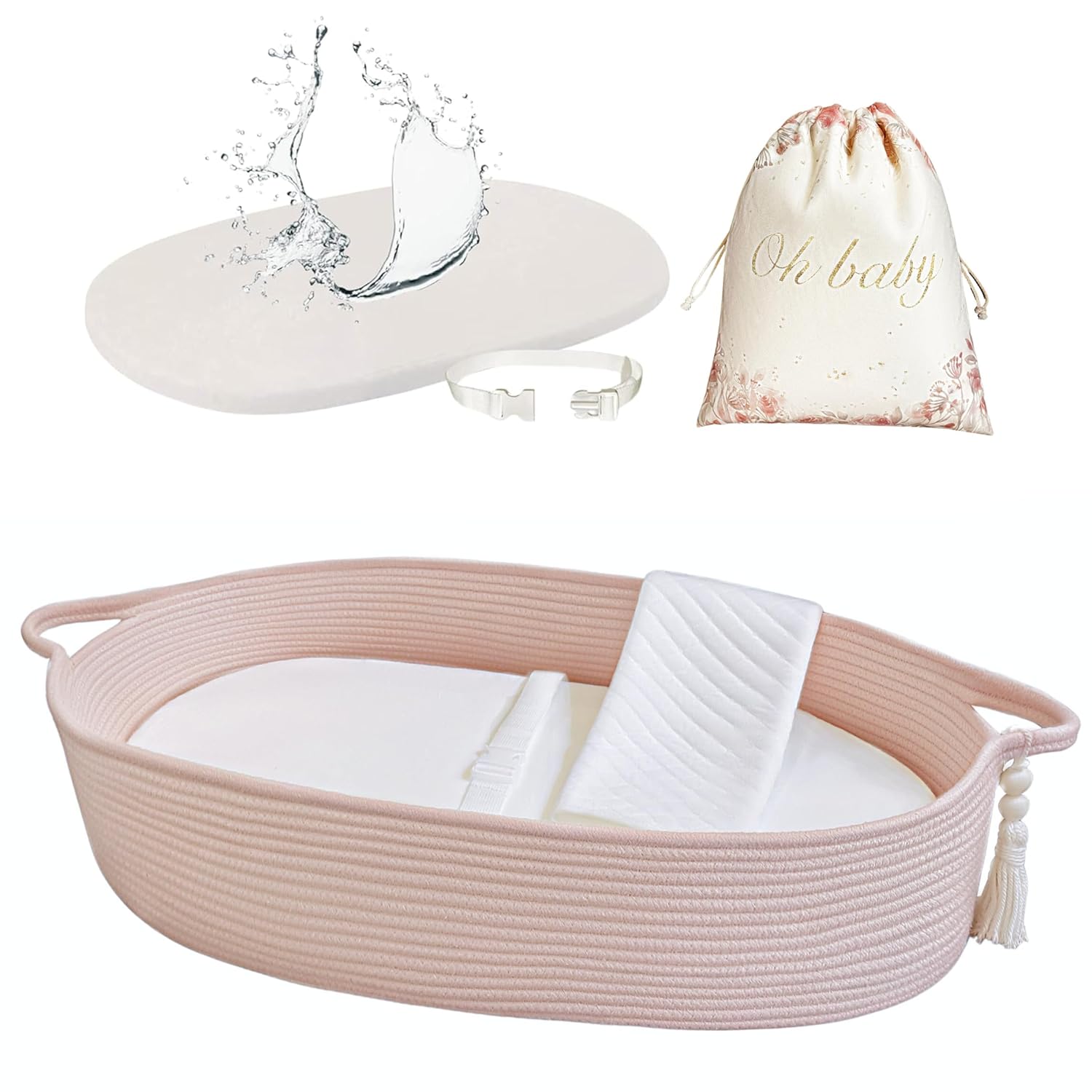 meloom Baby Changing Basket with Pads and Safety Belt- 100% Cotton Boho Baby Moses Basket Changing Table and Thick Pad with Waterproof Mattress Cover, Nursery Decor in Pink Color with Storage Bag