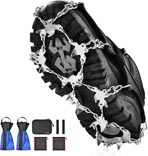 ELUTENG Crampons - Tacos de hielo para zapatos y botas, 24 picos de acero inoxidable, protección segura, agarre de tracción de nieve, botas con