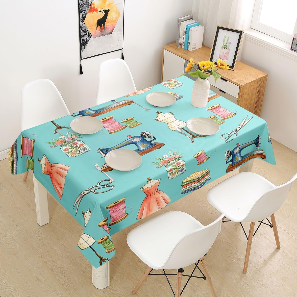 Homewish Watercolor Spool Tablecloths,Sewing Needle Table Cloth,Colorful Sewing Tool Table Accessories for Kitchen Dining Room Decor,Abstract Art Dining-Table Cover,55"x94" image 4