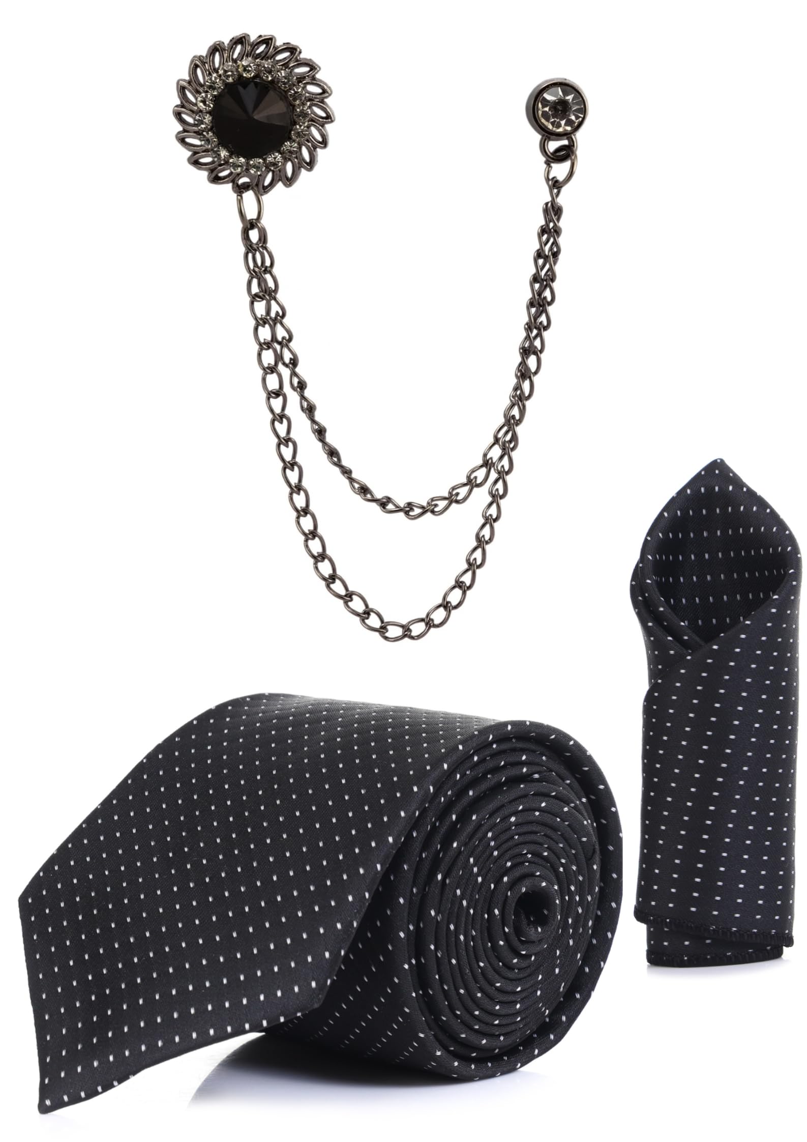 random stripe Necktie With Pocket Square & Stylish Brooch Polka-Dots Tie Set (PackOf 3)-picture-13