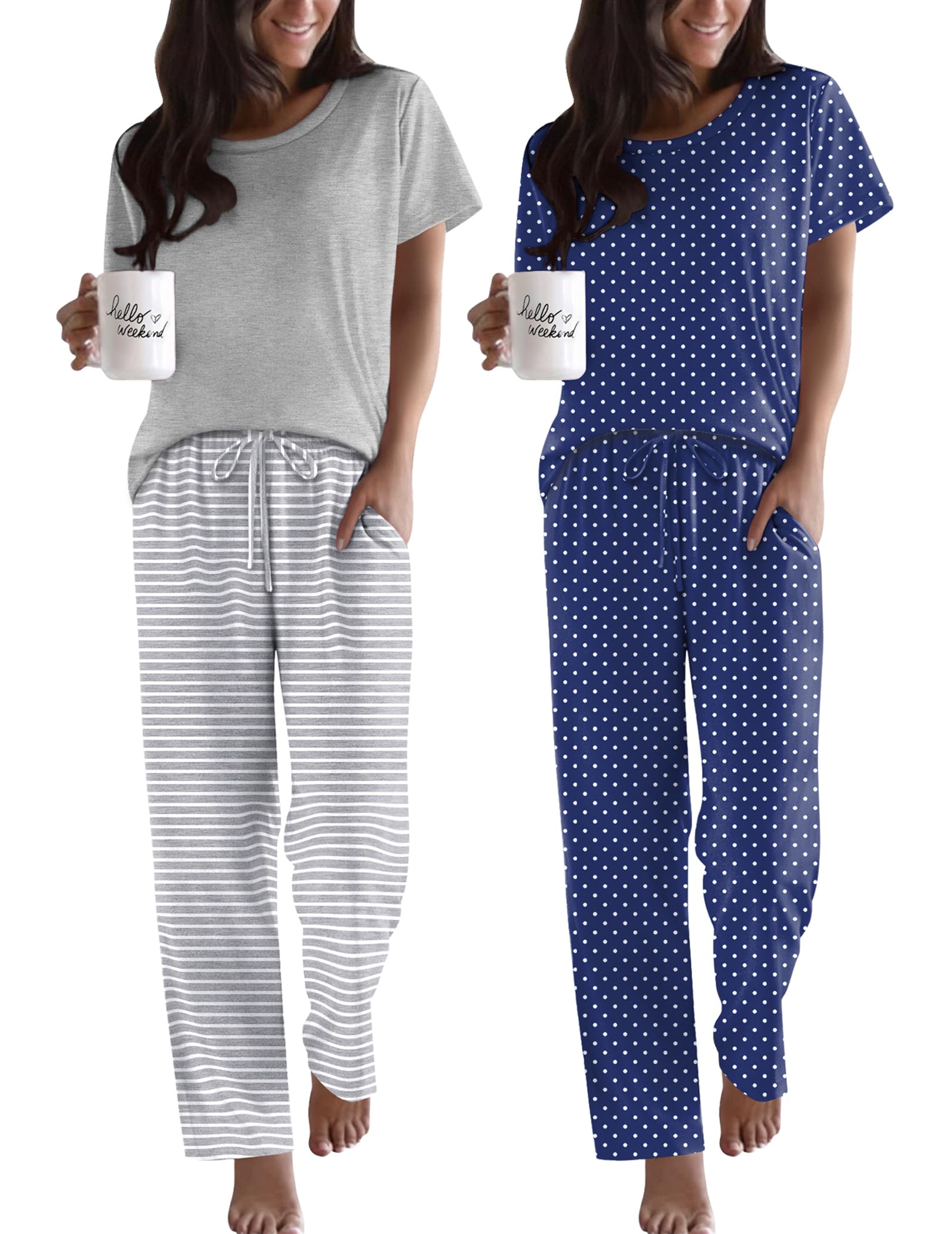 Ekouaer 2 Pack Pajamas for Women Set Short Sleeve
