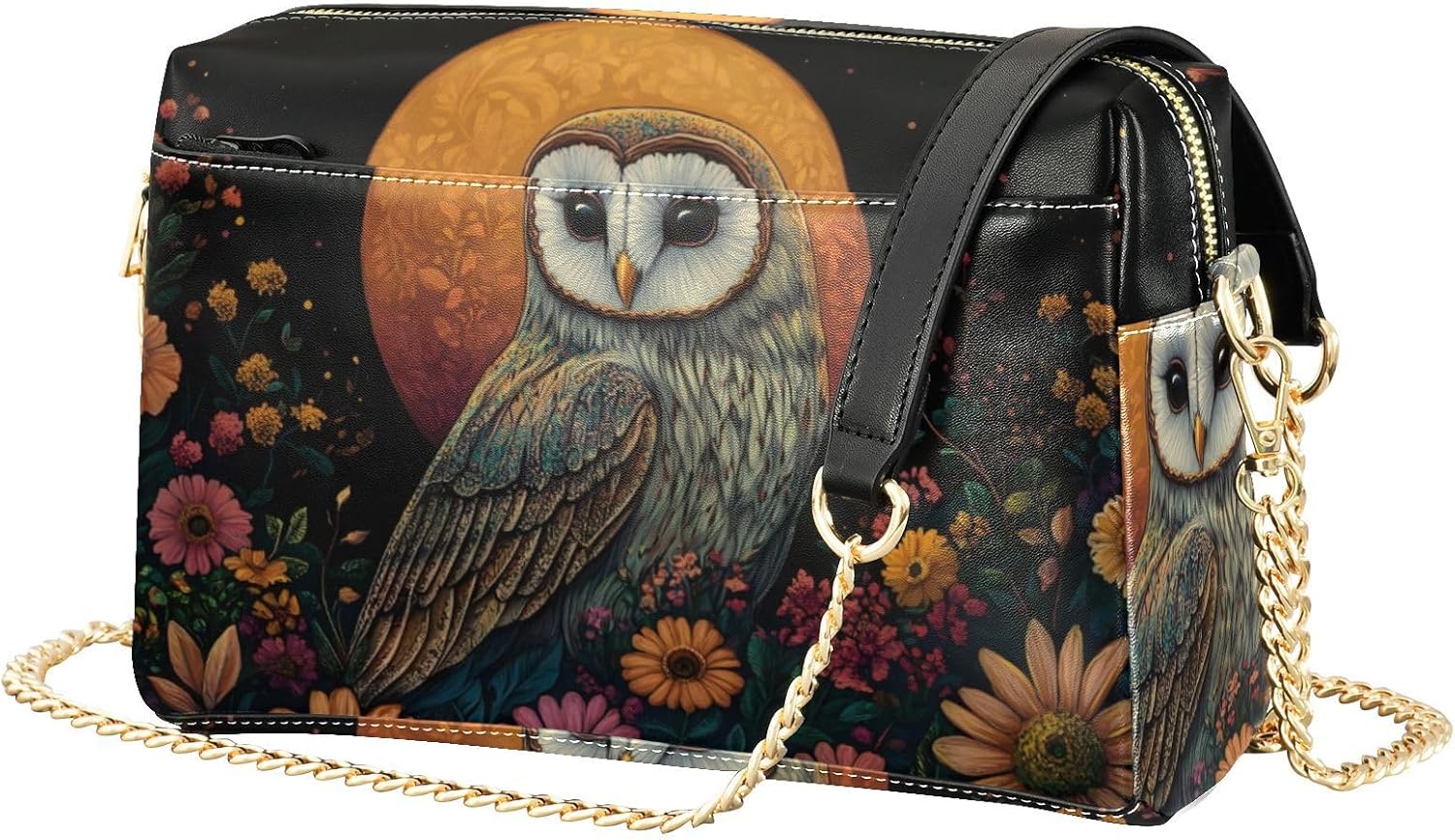 Women Crossbody Bag Shoulder Handbag Cellphone Purse Owl Flower Moon Print, PU Leather Metal Chain Strap Water Resistant Zipper Closure