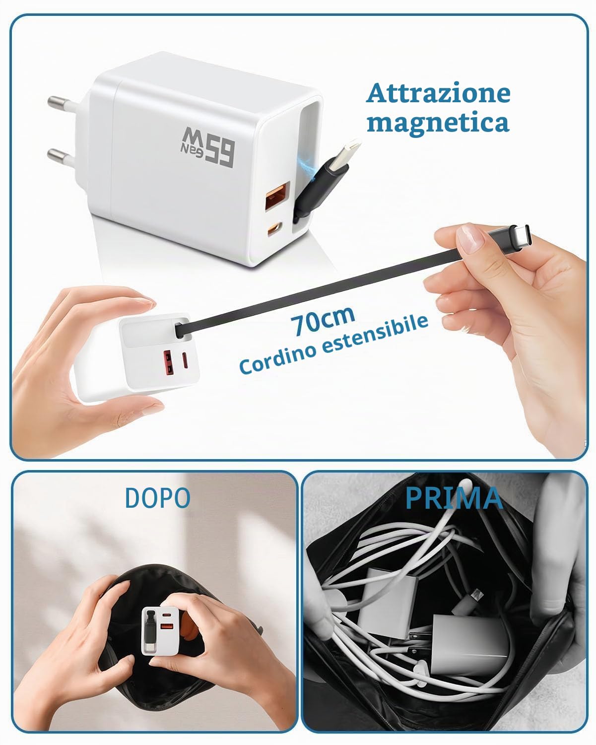Caricatore USB-C GaN 65W 3 in 1 con Cavo Retrattile USB C GaN a 3 Porte con Cavo di Ricarica Retrattile da 70cm per iPhone 16/15/14 Pro Max, Galaxy S25 Ultra, iPad, Huawei Pura 70