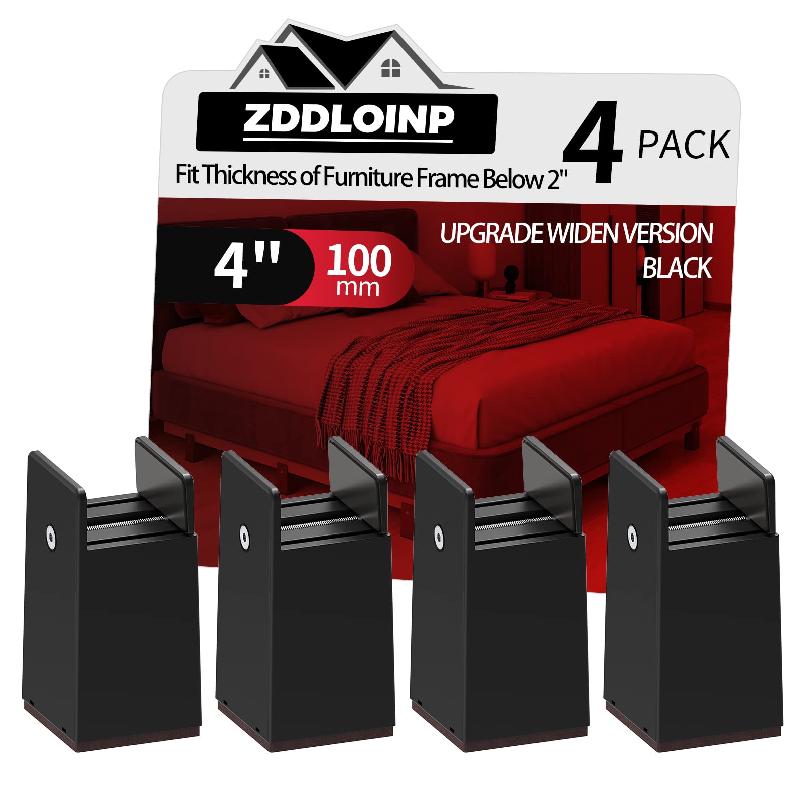 Photo 1 of ZDDLOINP Bed Risers with Adjustable Screw Clamp, Fits Furniture Frame from 0 to 2 Inch, Furniture Risers 4 Inch Heavy Duty Risers for Lifting Couch Desk Cabinet Support up to 5000Ibs (4Pack, Black)