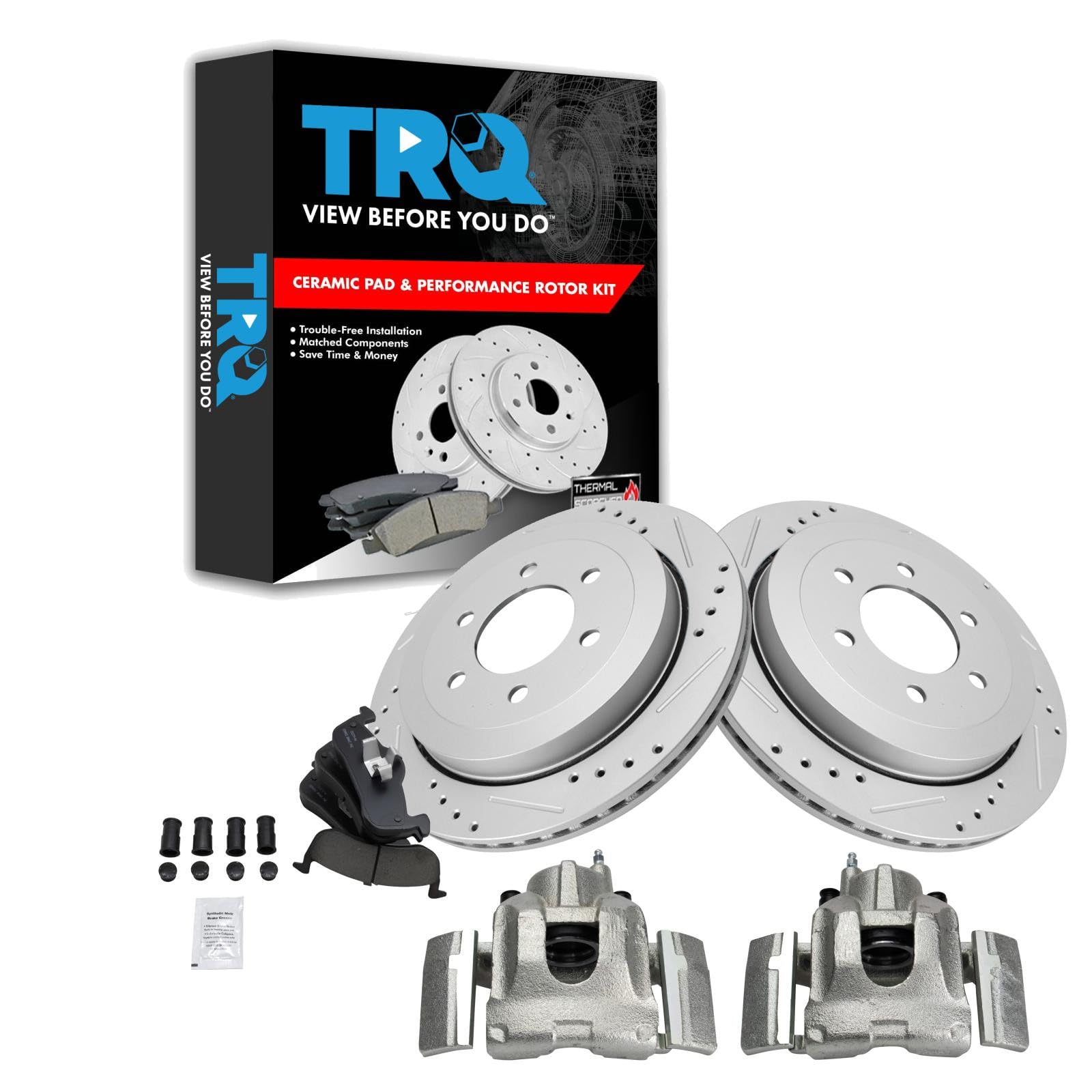 TRQ Rear Performance Brake Pad, Caliper, &amp; Rotor Kit Ceramic Vented Premium G-Coated Compatible with 2007-2017 Ford Expedition Lincoln Navigator