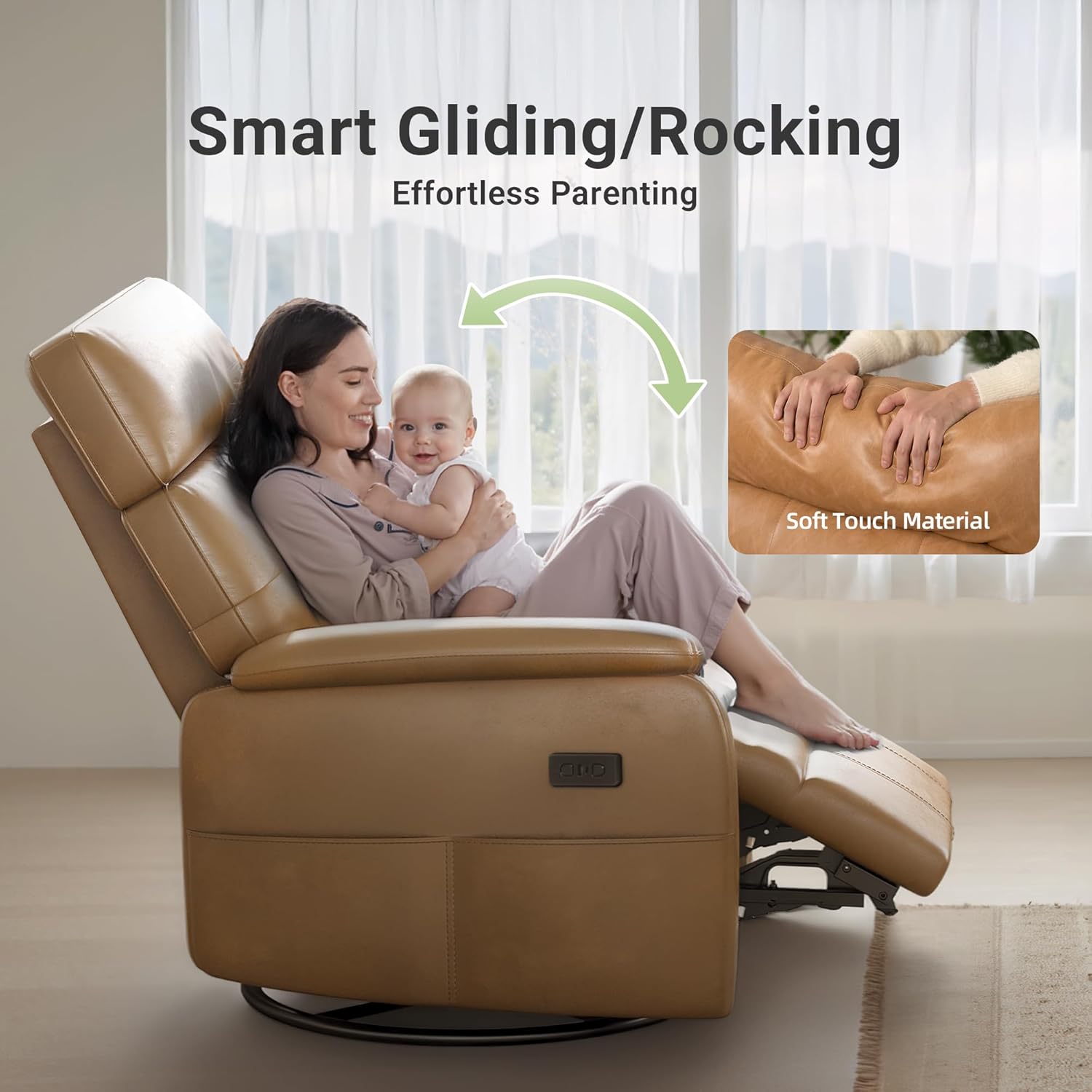 Overized Power Swivel Rocker Recliner Chair,PU Leather Sofa Reclining for Adults,Adjustable Rocker Reclining Sofa Lounge with USB&Type-C Ports,Side Pocket,for Living Room,Light Brown