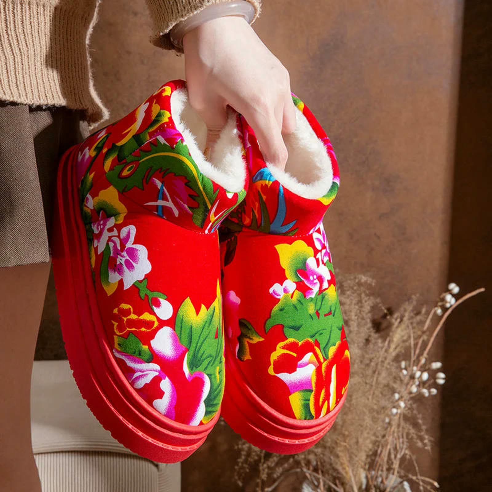 Pantuflas Zapatillas De Invierno para Mujer, Zapatos Informales Plataforma Interior Y Exterior, Botines Deslizantes, Suaves Cálidos-rojo-38-39