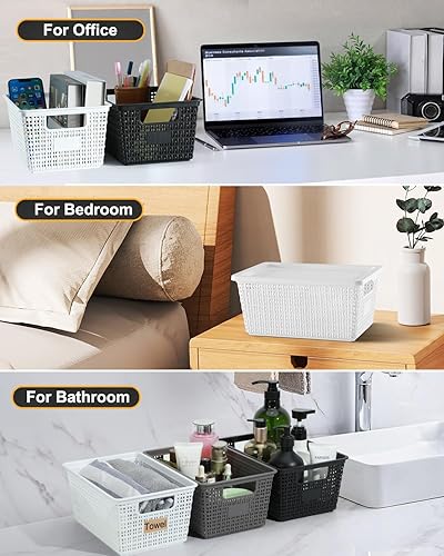 Miniatura 7 de Cestas de almacenamiento de plástico con tapas, apilables con tapas para despensa, armario, dormitorio y estantes, caja de organización duradera