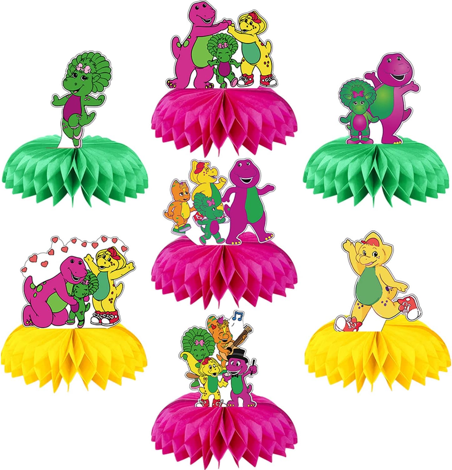 AUSDU Barney Party Decorations Honeycomb Centerpiece, 7 Pieces Barney Purple Dinosaur Theme 3D Double Side Cake Toppers Table Centerpieces, Barney Photo Backdrop for Kids Birthday Party Decorations