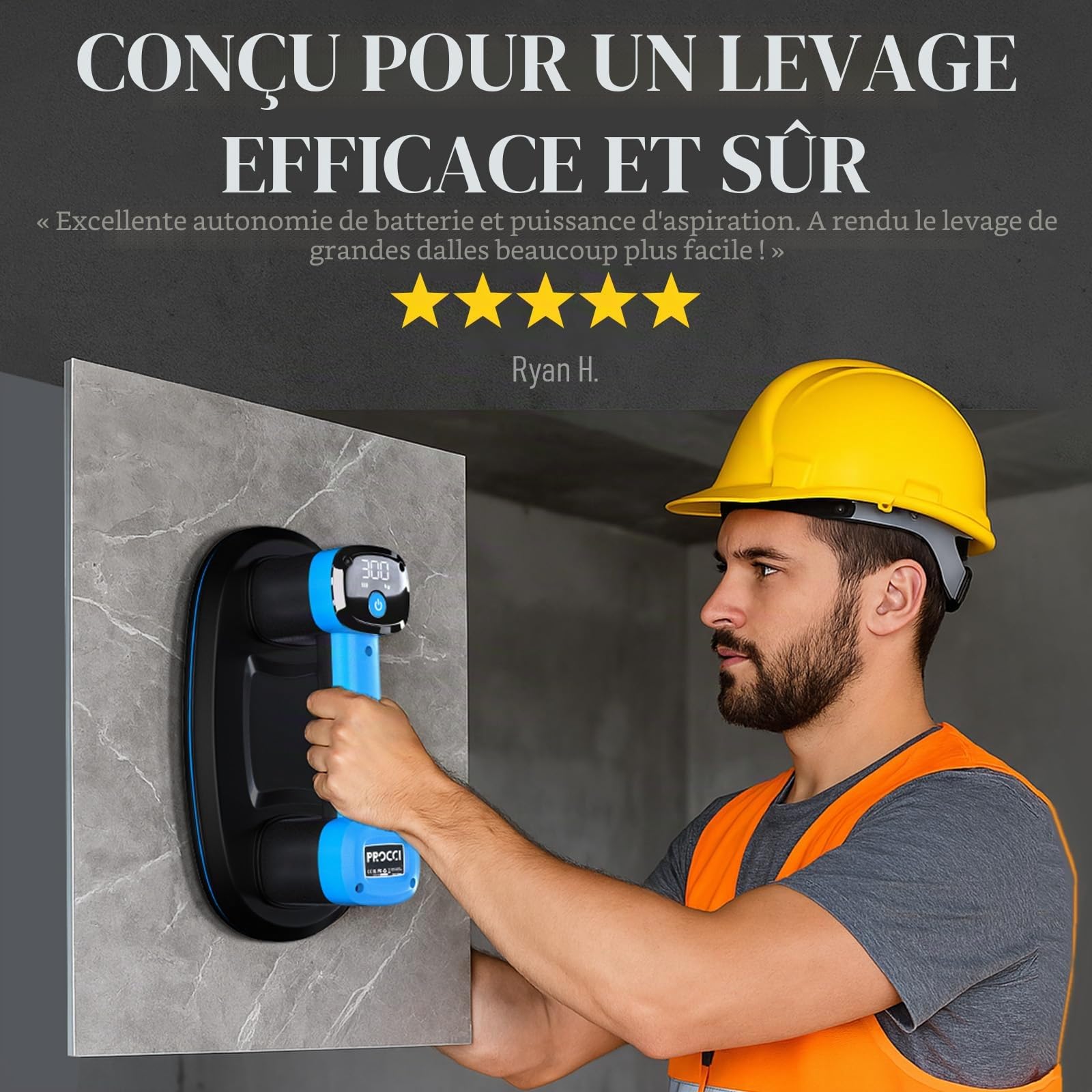 Ventouse à Batterie pour Carreaux, Verre, Marbre – 2 Moteurs, 300 KG de Succion, Écran LCD, Batterie 4500 mAh, 26 cm – Pour Surfaces Lisses et Légèrement Texturées, Autonomie Jusqu’à 12h