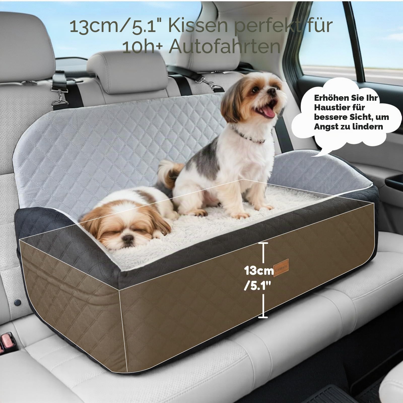 Gimars Wende-Hunde Autositz Mit Lang-/Kurzplüsch Sitzkissen Für Kleine/Mittlere Hunde Bis 27kg, Abnehmbar Waschbar rutschfest Hundesitz Auto mit 13cm 28D Egg-Crate-Schaum, Sicherheitsgurt, L