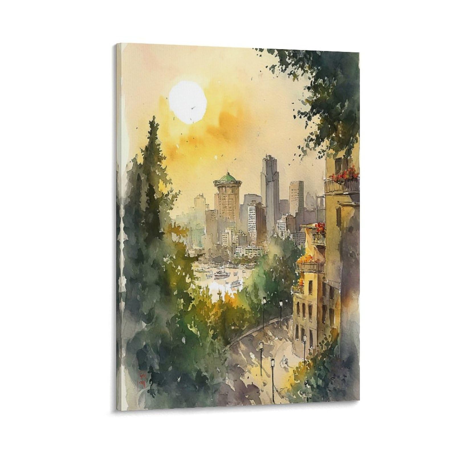 Cnaheiz Frame-Style Seattle Skyline Watercolor Print_ Washington Travel Poster 20X30inch(50X75cm) Vintage Watercolor Canvas Art